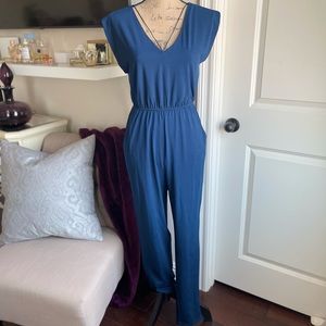 Bold blue double v-neck jumpsuit